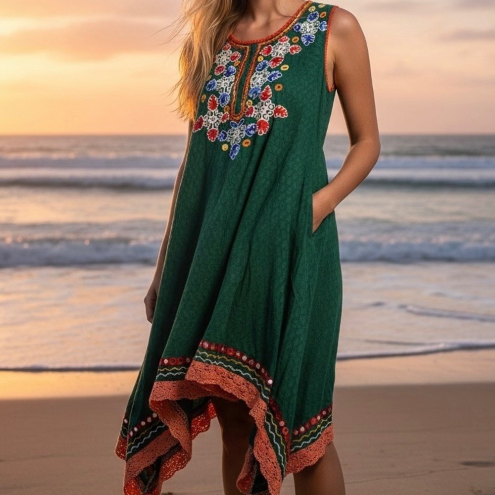 Bohemian Green Embroidered Mirror Handkerchief Hem Dress Pockets Women's Medium